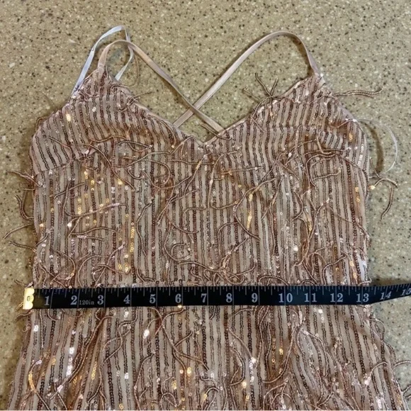 Endless Festivities Rose Gold Sequin Fringe Lace-Up Maxi Dress - Picture 5 of 15